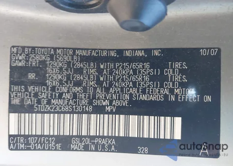 2008 Toyota Sienna Le from USA, damaged, VIN 5TDZK23C68S130148